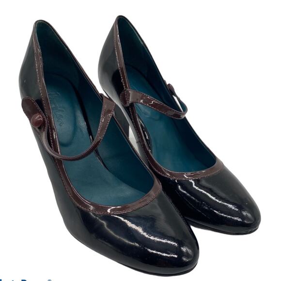 Boden Mary Jane Heels Black and Brown Size 37 EUC Patent Leather Retro Pinup - Picture 1 of 10